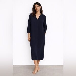 ZARA MIDNIGHT BLUE LONG V-NECK VISCOSE BLEND KNIT DRESS TUNIC